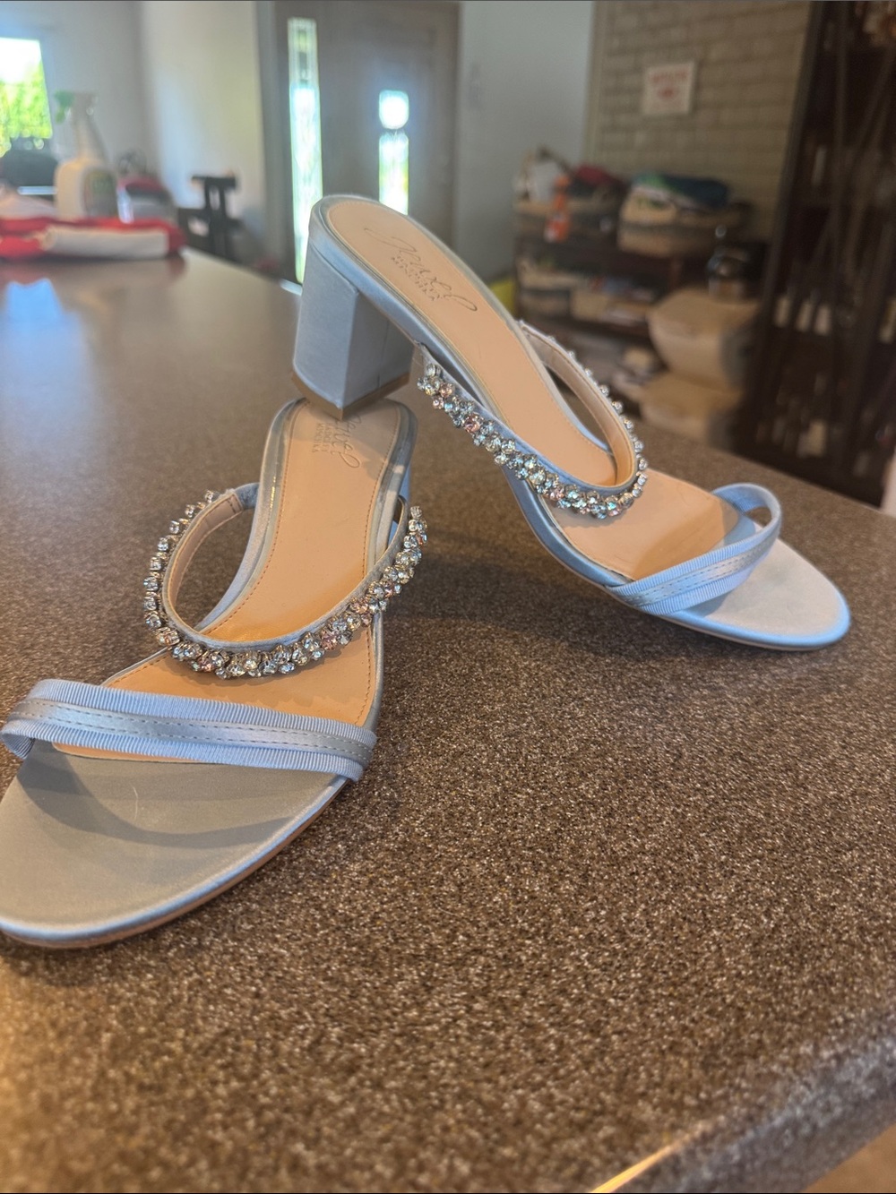 Jewel Badgley Mischka Light Blue Crystal-Embellished Block Heel Sandals